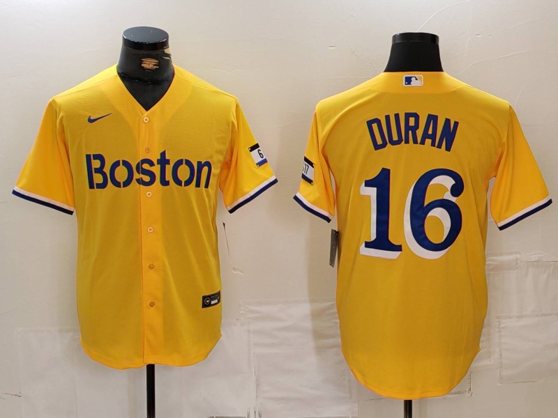 Men's Boston Red Sox #16 Jarren Duran Gold City Connect Stitched Baseball Jersey Men's Boston Red Sox #16 Jarren Duran Gold City Connect Stitched Baseball Jersey